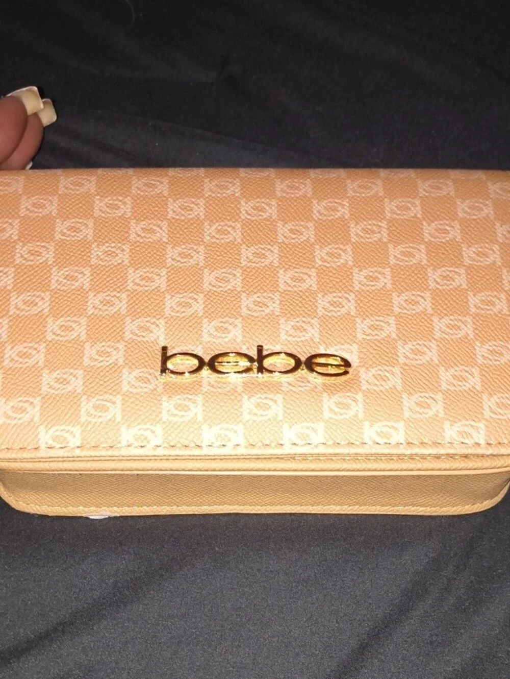 bebe Tan Textured Logo Crossbody Wallet